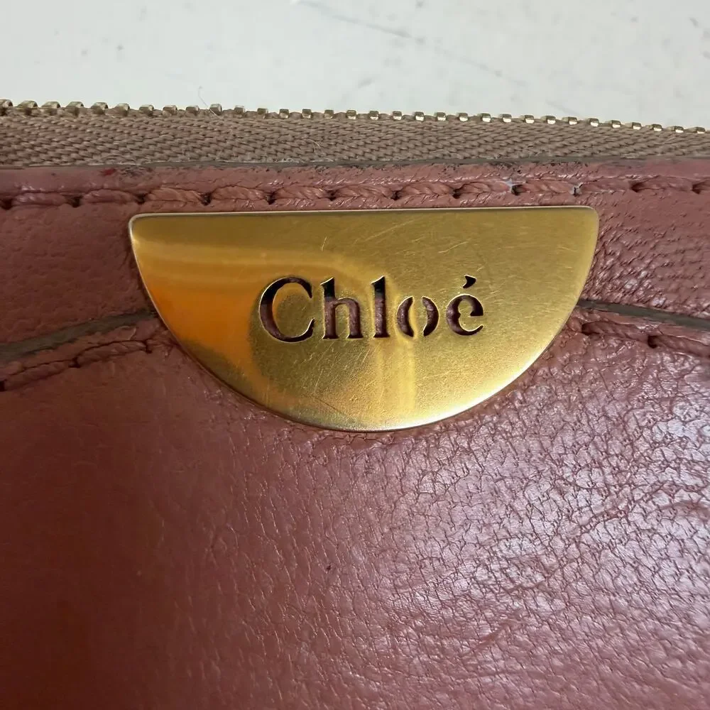 Authentic Chloe pink leather compact wallet gold toned plaque zip around closure